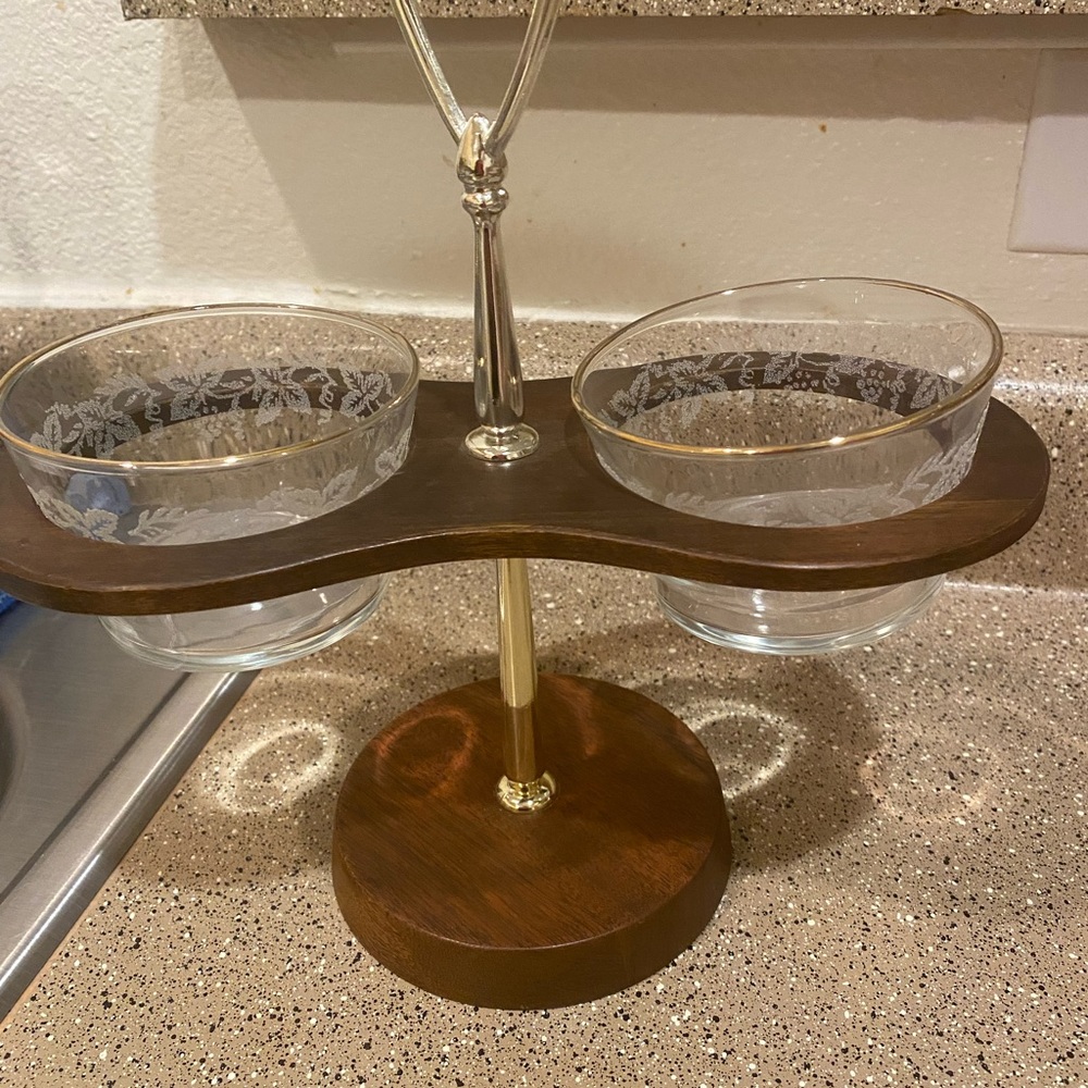 Lebanon Supply MCM Walnut Ware Brass Handle 2 Tier Wood condiment tray